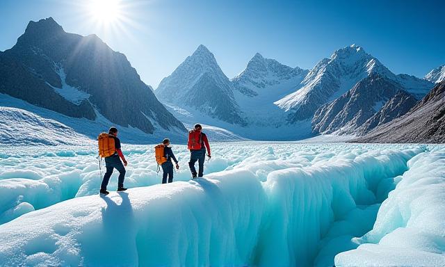 Dynamic snapshot of hikers on a turquoise glacier